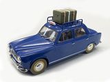 a blue toy car with luggage on top of it