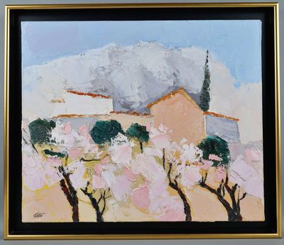 painting of a painting of a house and trees with a mountain in the background