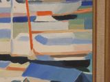 a painting of boats docked in a harbor on a sunny day