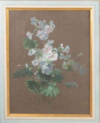 tableau représentant des fleurs blanches dans un cadre bleu sur fond marron