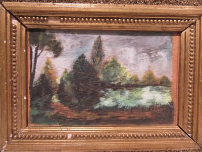 painting of a landscape with trees and a river in a gold frame