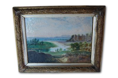 Ecole de Barbizon, huile sur toile craquelée, "Pêcheurs au f…