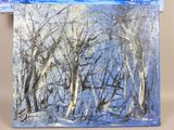 painting of trees in the snow with blue sky in the background