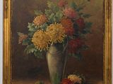 painting of flowers in a vase on a table with a brown background