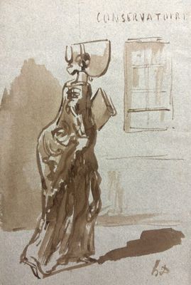 dessin représentant une femme portant un chapeau et tenant un livre à la main