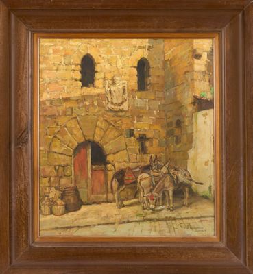 une peinture à l'huile représentant un cheval tirant une charrette devant un bâtiment en pierre