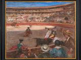 une peinture à l'huile représentant une scène de corrida avec un taureau au milieu de l'arène