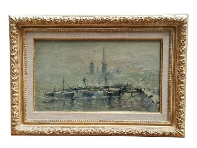 une image représentant un tableau montrant des bateaux dans un port, avec une église en arrière-plan