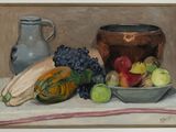 a painting of a bowl of fruit and vegetables on a table