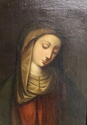 un tableau représentant une femme tenant un chapelet à la main
