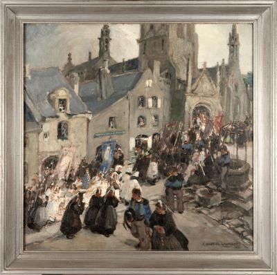 an image of a painting of a crowd of people in front of a building