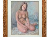 an image of a painting of a nude woman sitting on a bed