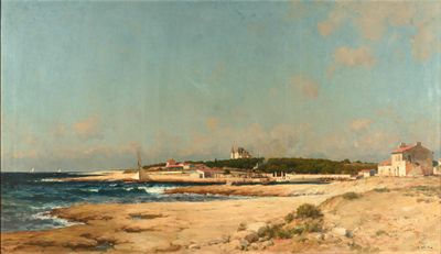 an image of a painting of a beach with a lighthouse in the background