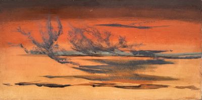 une peinture à l'huile représentant un paysage désertique avec un arbre solitaire au premier plan