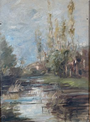 Ecole XXème, Le cour d’eau, huile sur toile.