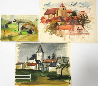 three watercolor paintings of a church, a church, and a village