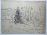 dessin au crayon représentant un arbre dans un champ, avec une grange en arrière-plan