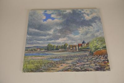 drawing of a painting of a landscape with a river and a church
