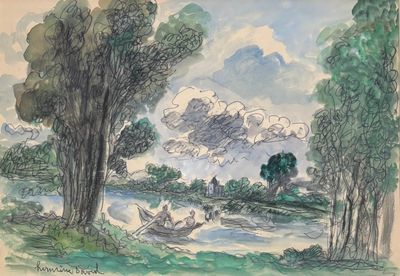 dessin représentant un bateau sur une rivière, avec des arbres et des nuages