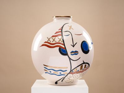 LONGWY "Pamela" Vase boule coloniale en faïence émaillée pol…