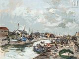 une peinture représentant une scène portuaire avec des bateaux sur l'eau