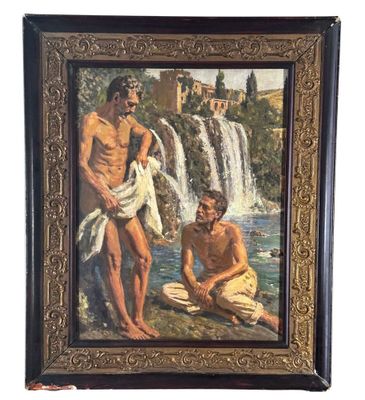 an oil painting of two men washing their hands in front of a waterfall