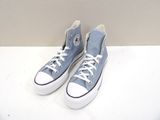 blue converse sneakers with white laces are on a white surface