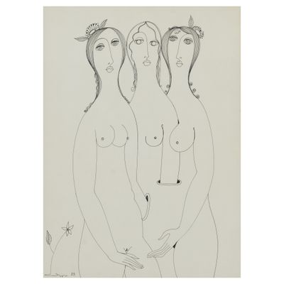un dessin représentant deux femmes debout l'une à côté de l'autre