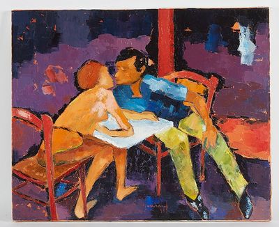 tableau représentant deux hommes assis à une table dans un restaurant