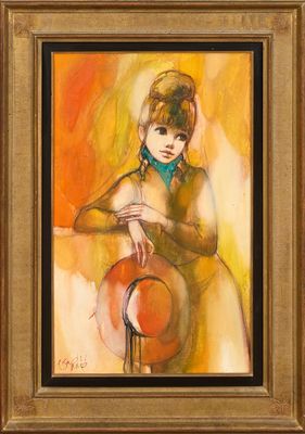 une peinture à l'huile représentant une femme coiffée d'un chapeau