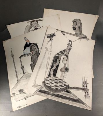 trois dessins représentant un homme et une femme sur un échiquier