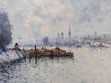 un tableau représentant un bateau sur l'eau, avec une ville en arrière-plan