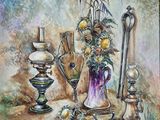 tableau représentant une nature morte avec un vase de fleurs et d'autres objets