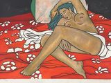 a painting of a nude woman laying on a bed
