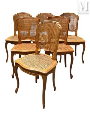 six chaises de salle à manger anciennes françaises à dossier en rotin