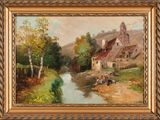 une image représentant un tableau illustrant une scène de village avec une rivière au premier plan