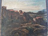 an image of a painting of a village on a hill by the ocean