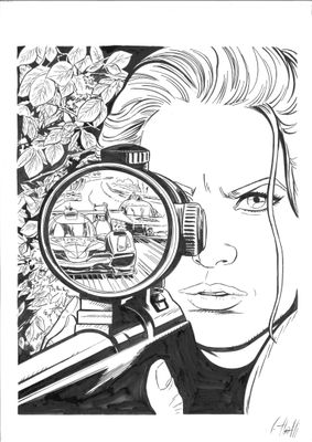 un dessin en noir et blanc représentant une femme regardant à travers une loupe