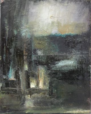 une peinture à l'huile représentant une ville la nuit, avec un lampadaire
