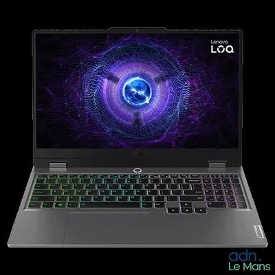 the laptop is open on a black background with a purple and blue design