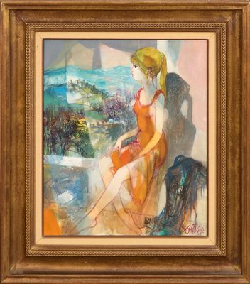 un tableau représentant une femme en robe rouge assise sur une chaise