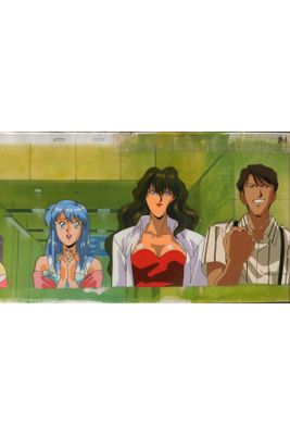 a picture of a group of anime characters on a skateboard