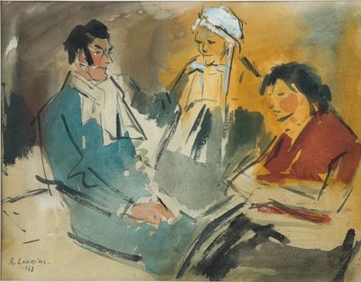 painting of three people sitting at a table, one of them is reading