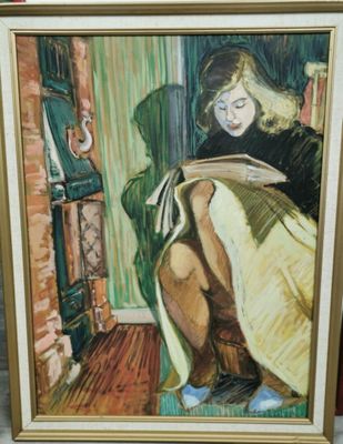 Ecole XXe siècle - La lecture auprès de la cheminée, H/T non…