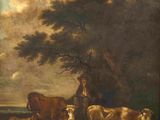 painting of a man with a herd of cattle in a wooded landscape