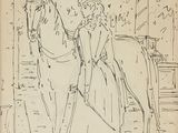 dessin représentant un homme et une femme debout à côté d'un cheval