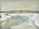 tableau représentant une rivière dans un paysage enneigé, avec des arbres en arrière-plan