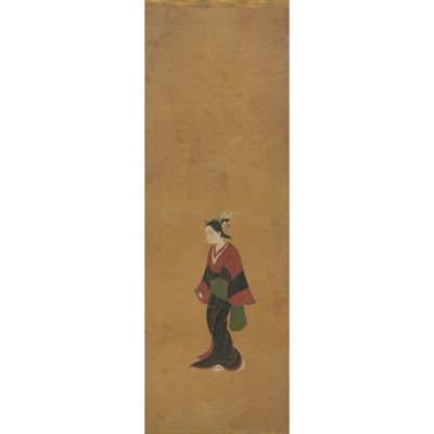 a painting of a woman in a kimono robe holding a fan