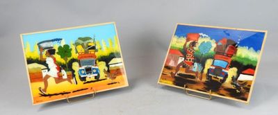 peinture représentant plusieurs tableaux d'une ville et d'un train