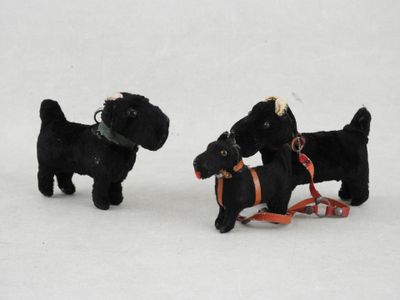 deux petits chiens noirs tenus en laisse dans la neige